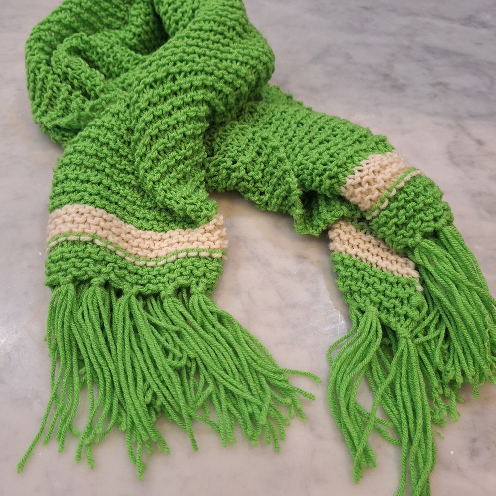 Vintage Handmade Knit Scarf Unisex OS Green Cream Striped Fringe Tassel Boho